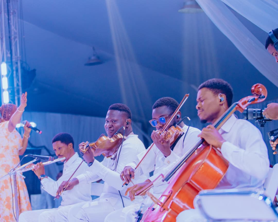 The string section playing, flute, violins and cello in white